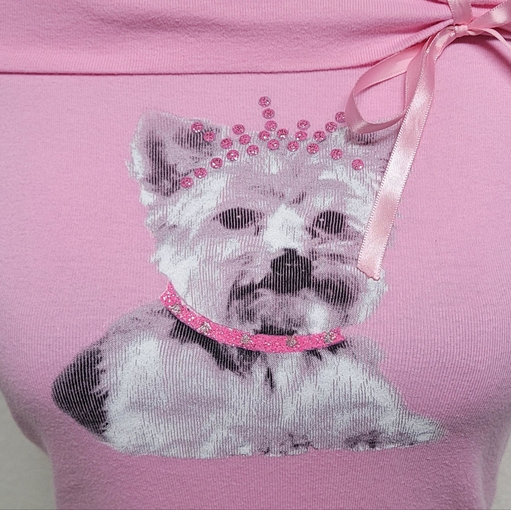 L.A. Movers Pink Rhinestone Yorkie Cowl Shoulder Cap Sleeve Cropped Babydoll Tee - Picture 4 of 12